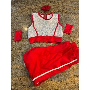Weissman Red Silver Sequin Dance Costume Crop Top‎ Joggers Cuffs MC 10-12 Girls